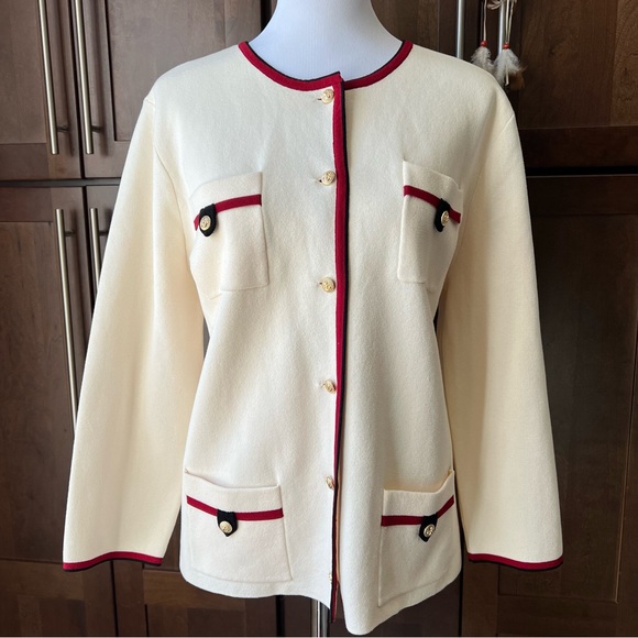 Anne Klein Ivory Knit Red Trim 4 Pockets Cardigan Embossed Gold Anchor Button XL - Picture 6 of 17